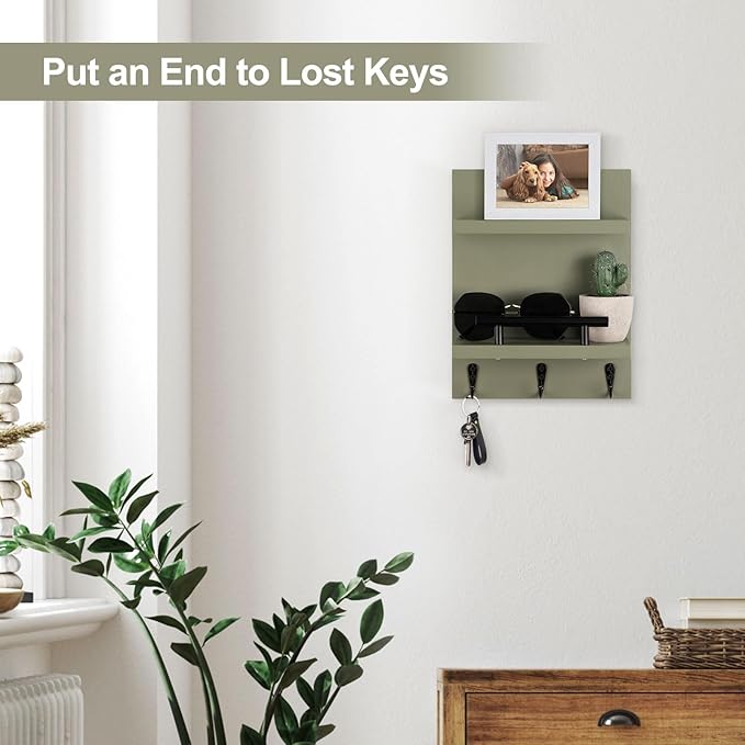 Key Holder Wall Mount, Mail Shelf Decor with 3 Key Hooks, Versatile Wood Wall Organizer for Entryway Hallway (8.2” x 10.6”x 3