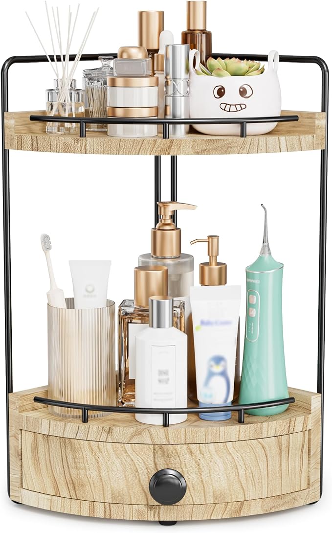 2-Tier Corner Bathroom Counter Organizer with Drawer & Embedded Screw Holes - Wooden Countertop Organizers for Skincare, Make