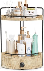2-Tier Corner Bathroom Counter Organizer with Drawer & Embedded Screw Holes - Wooden Countertop Organizers for Skincare, Make