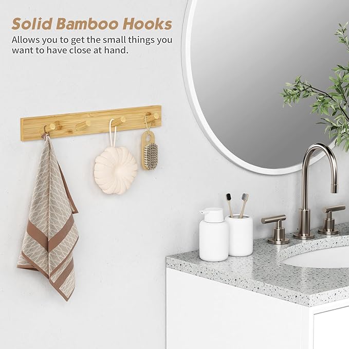 Forbena Natural Wood Coat Rack Wall Mount Set of 4, Wooden Wall Hooks for Bathroom Towels, Vertical Coat Hanger for Kids Room