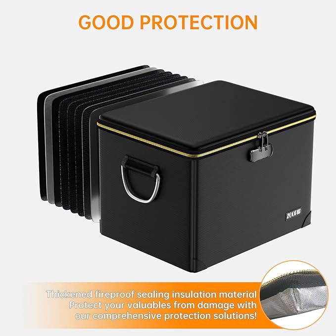 Fireproof Document Box,Hard Case File Organizer with Fireproof Zipper&Threads,Non-Foldable Filing Cabinet with Lock, Portable