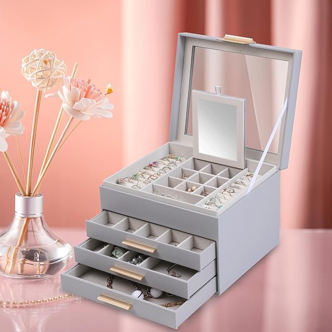 BOOVO Clear Lid Jewelry Box,4 Layers Jewelry Organizer Large Jewelry Storage Box with 3 Drawers,Jewelry Holder Organzier of R