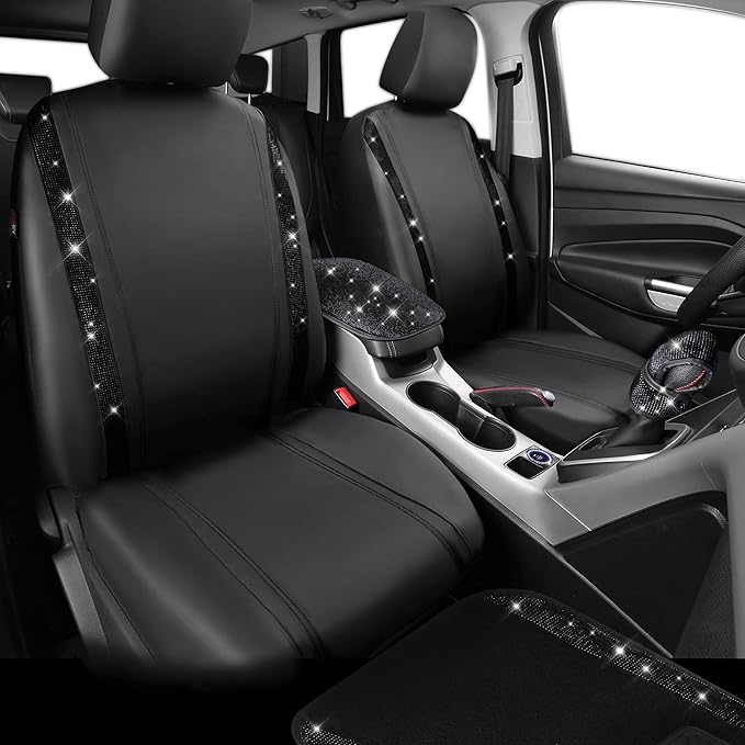 CAR PASS Bling Diamonds Car Seat Covers Front Seats Black Leather Shining Rhinestone Car Floor Mats Carpet with Anti-Slip Nib