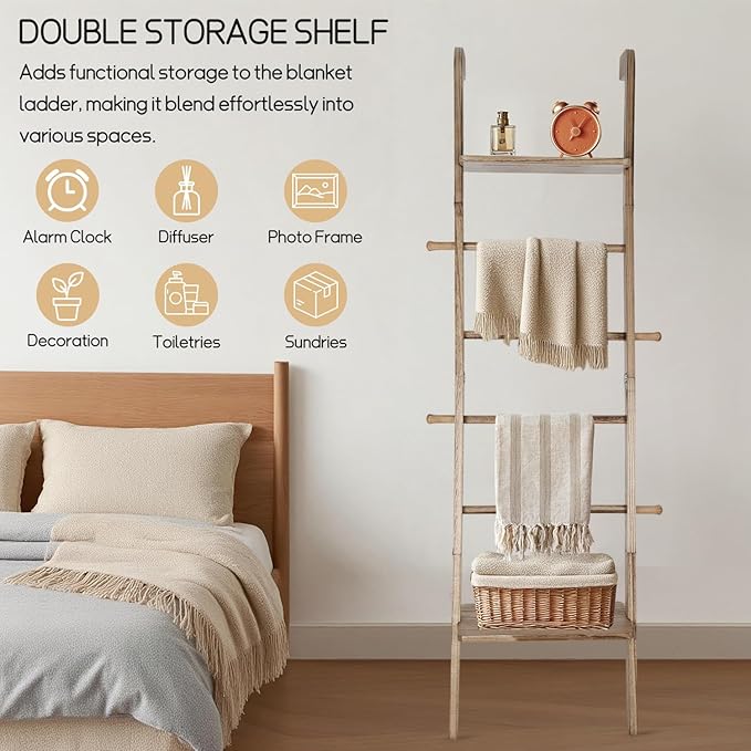 Wooden Ladder with Shelf for Room Decor, 6-Tier Decor Ladder with Non-Slip Mat & Hooks, Farmhouse Style Leaning Wall Display 