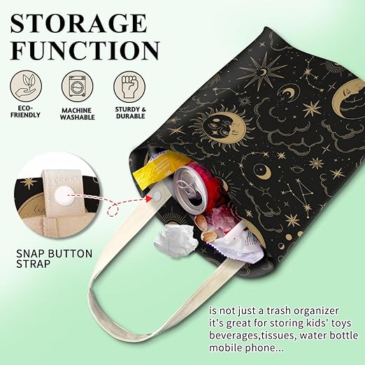 Car Trash Can, Cute Car Trash Bag, Hanging Car Organizer and Storage Bag, Trash Bin for Car Accessories, Vehicle, Travelling, Camping Golden Moon Star