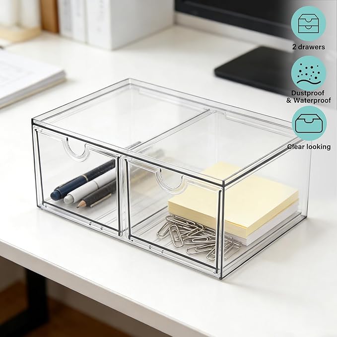 Prsildan Stackable Clear Makeup Organizer Acrylic Storage Drawers with 2 Drawers for Vanity Bathroom Office Desk Modular Draw