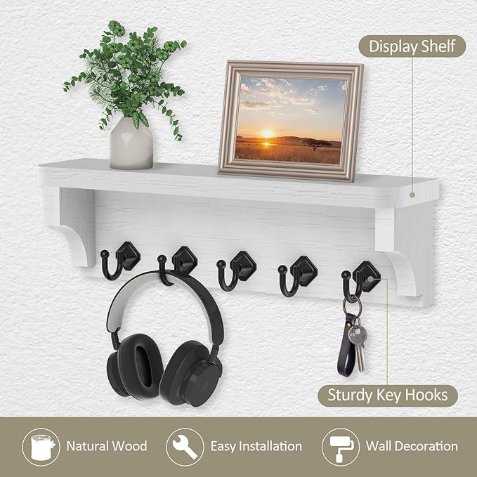 Nekon Key Holder for Wall, 11.8" W x 3.5" H x 2.8" D Decorative Key Organizer with Floating Shelf, Wall Mount Key Rack with 5