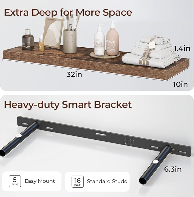 Fun Memories Floating Shelves for Wall 32 Inch Set of 3, Farmhouse Floating Shelves with Invisible Heavy Duty Bracket, 10 Inc