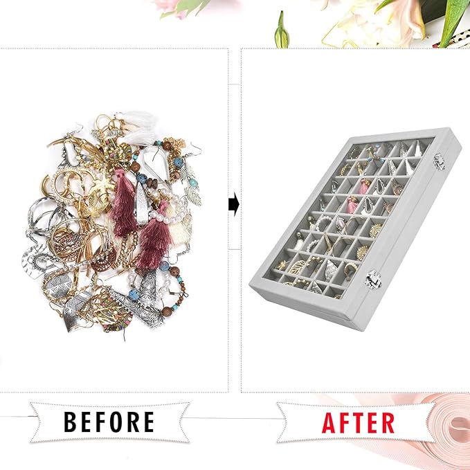 Siveit Velvet Jewelry Tray 48 Grid Jewelry Display Tray Organizer Box with Transparent Lid Rings Earrings Necklaces Pendants 