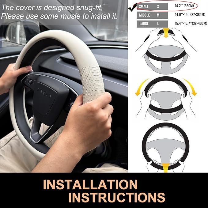 PINCTROT Nappa Leather Steering Wheel Cover for Tesla Model Y/3 Highland/Juniper, D Shaped 14 Inch Small Sized with Breathabl