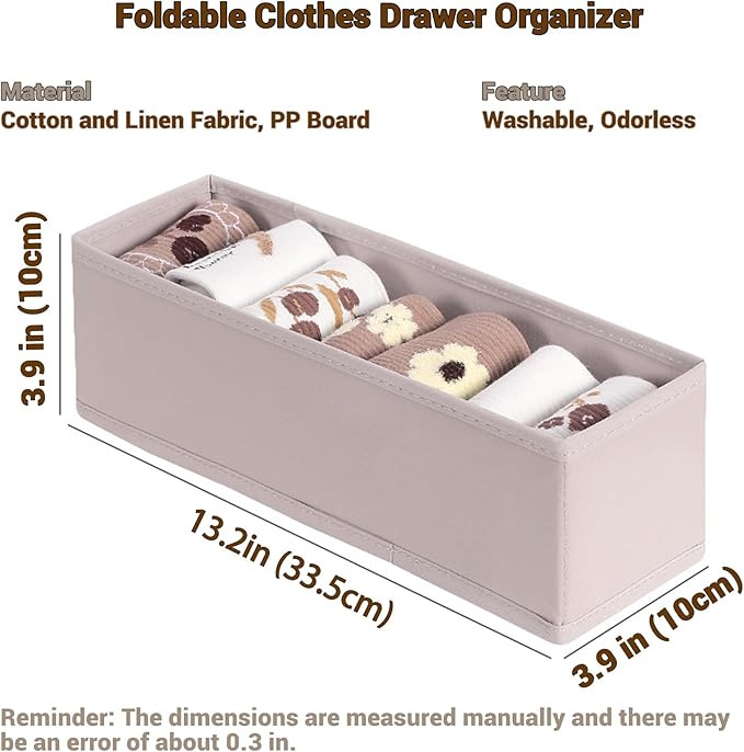 MURRI&MURRDI 6-Pack Foldable Fabric Sock Drawer Organizer, Small Dresser Drawer Organizer for Clothes, Storage Divider Bins f