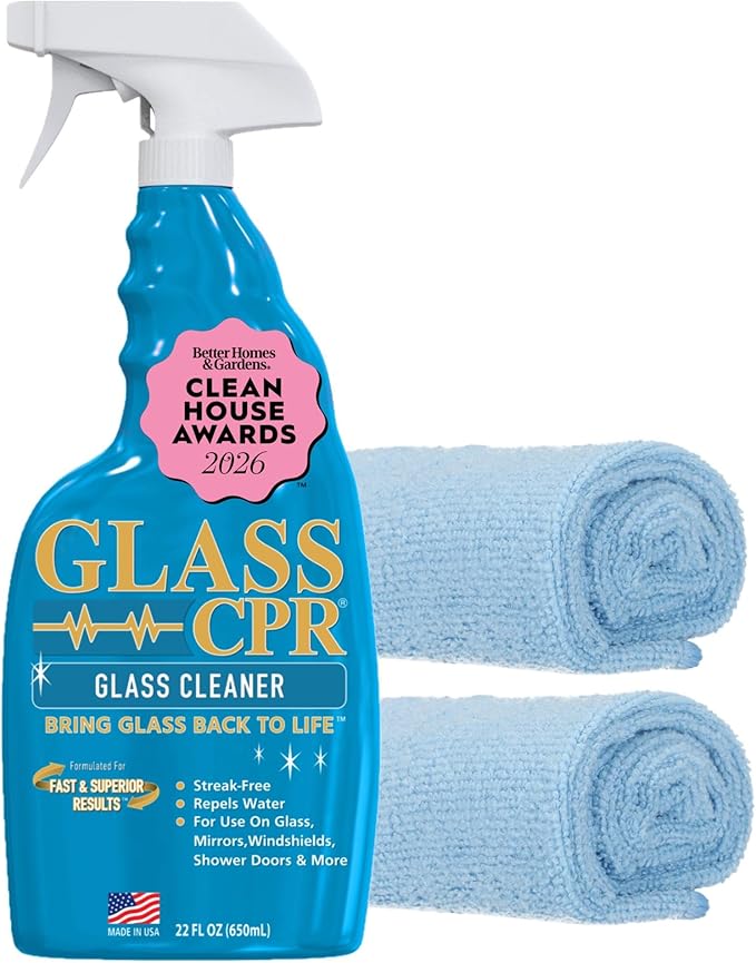 Glass CPR 2-in-1 Glass Cleaner & Water Repellent (22oz) + 2 Microfiber Applicator Towels | Deep Cleaning for Glass, Mirrors, 