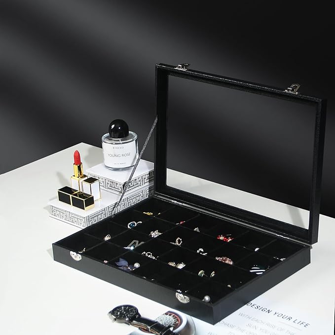 Coward Jewelry Organizer Box, Black Velvet 24 Grids Ring Earring Jewelry Display Tray Case with Transparent Glass Lid for Hom