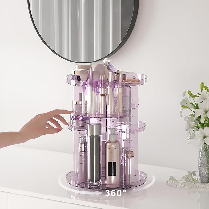 Rotating Makeup Organizer for Vanity, DIY Adjustable Tray Spinning Skincare Organizers Countertop, Cosmetic Display Case with