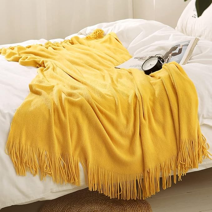 Homiest Decorative Knitted Throw Blanket with Fringe, Lightweight Acrylic Knit, Soft & Cozy Tassel Blanket for Couch, Sofa, B