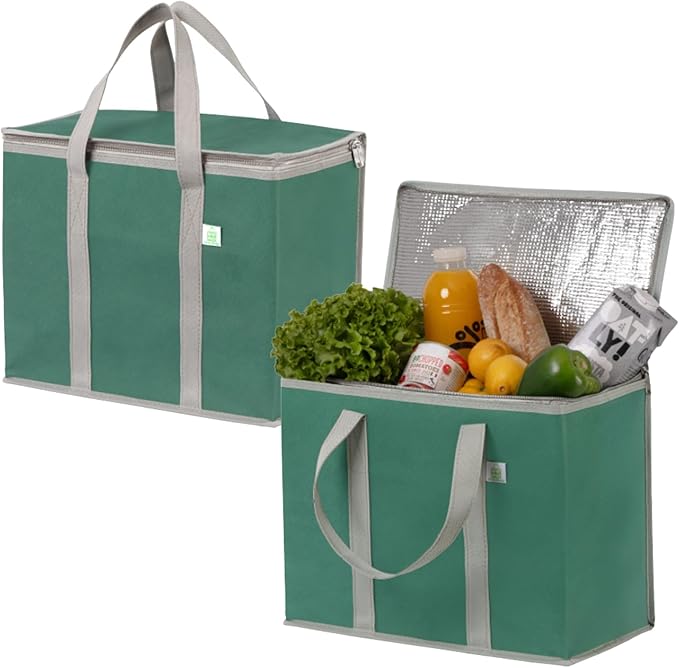 VENO 2 Pack Cooler Bag and Insulated Grocery Bags for Food Delivery, Collapsible Cooler, Reusable Shopping Bags for Groceries with Zipper, Foldable, Heavy-Duty, Stands Upright (Green, 2 Pack)