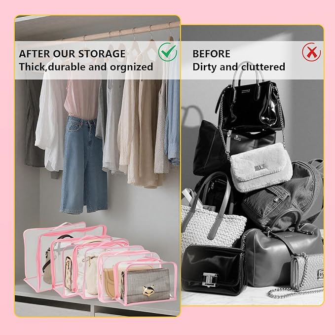 5 Pack Clear Dust Bags For Handbags,5-Sizes Purse Storage Organizers,Purse Protector Storage Bag with Zipper and Handle for c