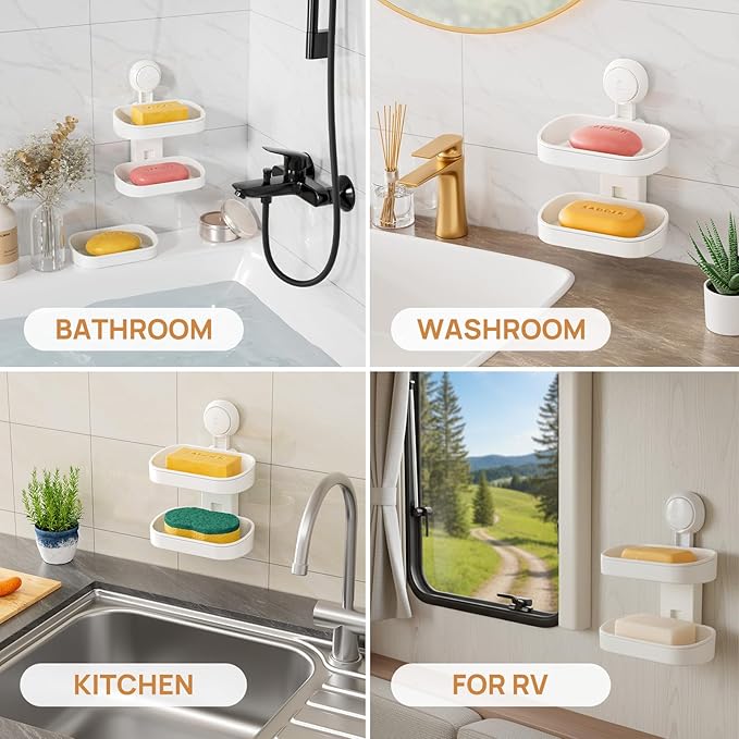 LEVERLOC Soap Dish Holder for Shower, Double Layer Suction Cup Wall Mounte Self Draining Removable Waterproof Strong Suction 
