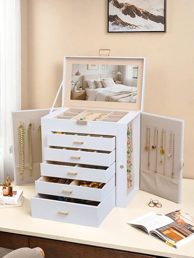 BOOVO Jewelry Box For women, 6 Layer Large Jewelry Organizer With Mirror, Multi-Function Storage Box With Lock, Necklace Hold