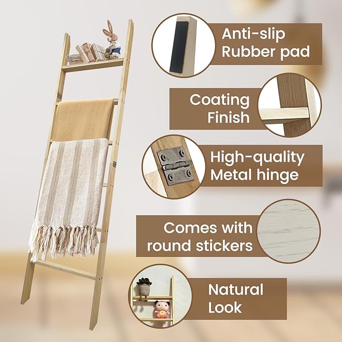 6-Tier Blanket Ladder – 5.5 Ft Wall Leaning Quilt Rack, Farmhouse Blanket Storage for Living Room, Bedroom & Bathroom – Rusti