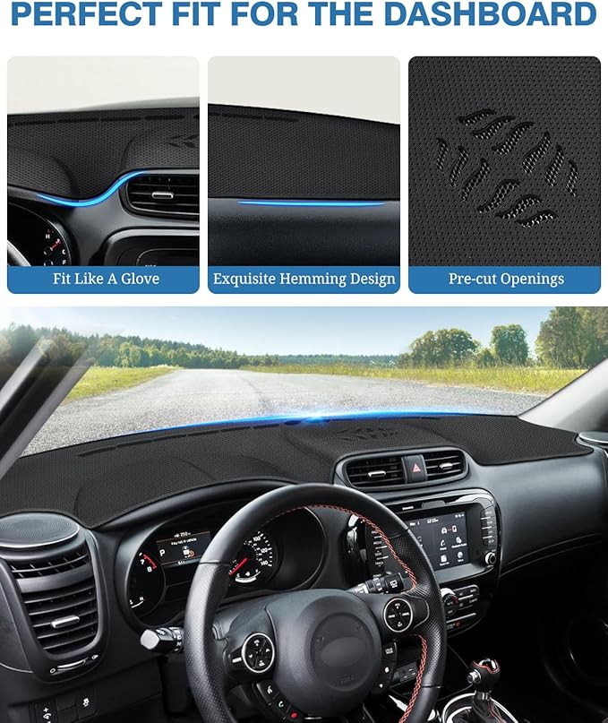 FIILINES Dash Cover for 2014-2019 Kia Soul, Dashboard Mat Accessories Dash Cover Sunshade Nonslip Mesh Protector No Glare Bla