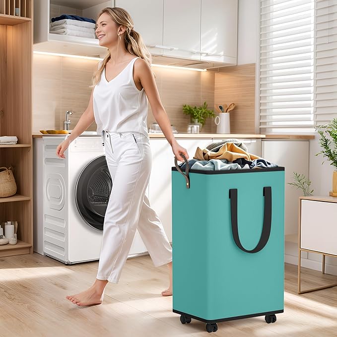 SpaceTrove Laundry Basket with Wheels, Collapsible Laundry Baskets, Laundry Hamper with Handles Detachable Wheels, Rolling La