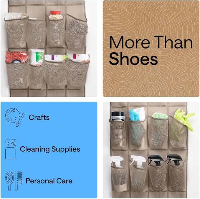 GORILLA GRIP Over the Door Shoe Organizer, 24 Large Breathable Mesh Pockets, Space Saving Hanging Storage Holder, Closet Rack