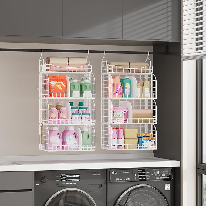 SWTYMIKI Hanging Closet Organizer Storage - 4 Tier Metal Stackable Hanging Closet Shelves with Dividers and S Hooks, Foldable