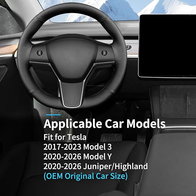 Hand Sewn Microfiber Leather Steering Wheel Cover, Stitch Steering Wheel Wrap Set for Original Tesla Model 3 2017-2023/Model Y 2020-2023 Juniper/Highland Accessories (A)