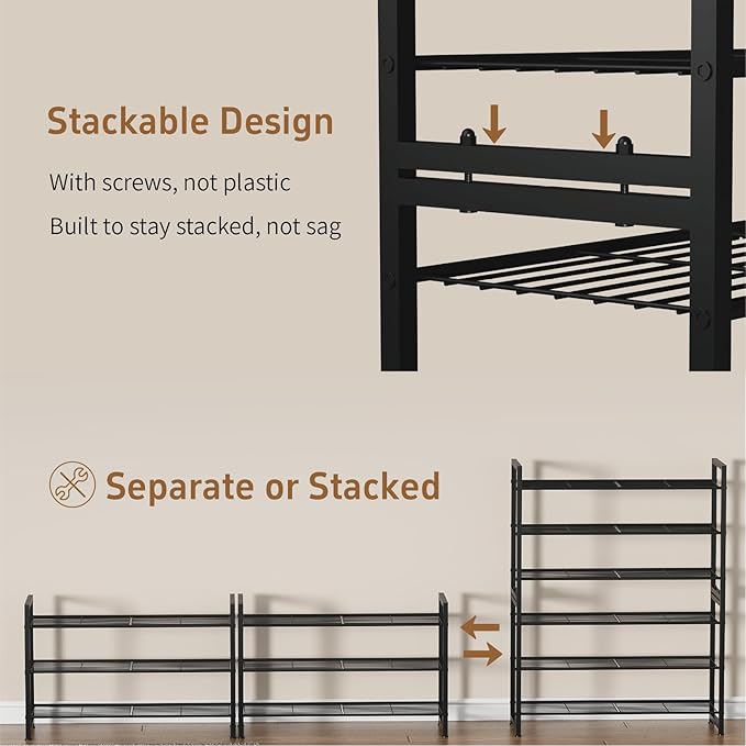 Stackable Shoe Rack, 6 Tier Metal Shoes Rack Storage Organizer,Large Capacity Shoe Shelf Max Holds 30 Pairs of Shoes,Sturdy a