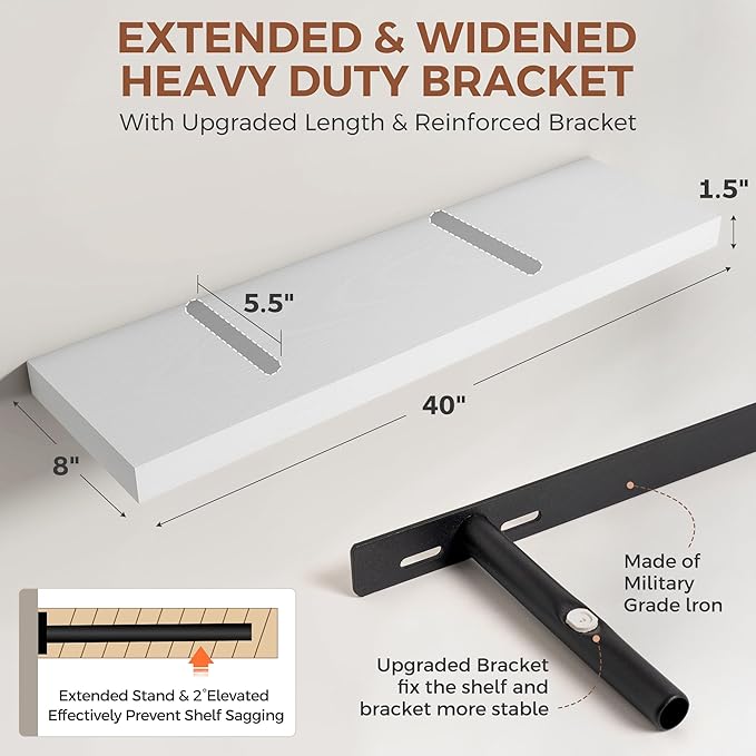 Dreamland 40 Inch White Floating Shelves for Wall,8 Inch Deep Floating Shelves,40" W x 8" D Wall Shelves for Bedroom,Living R