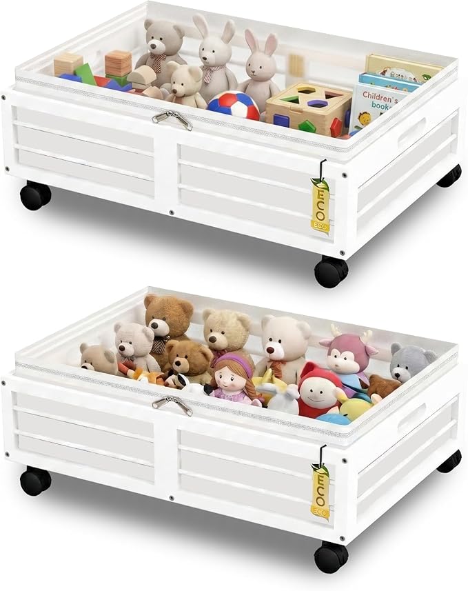 Under Bed Storage Containers with Wheels, Larger Bamboo Wood Under Furniture Storage Containers with Dust Bags，Rolling for Sh