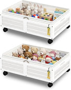 Under Bed Storage Containers with Wheels, Larger Bamboo Wood Under Furniture Storage Containers with Dust Bags，Rolling for Sh