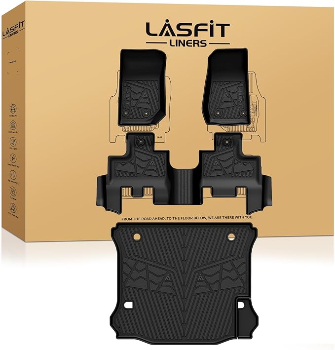 LASFIT Floor Mats & Cargo Mat for Jeep Wrangler JK 2014-2018 Unlimited 4-Door (NOT for JL or 2-Door) All Weather TPE Custom Fit Car Mats Floor Liners Cargo Liner Cargo Mat Black