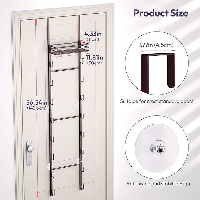 SWTYMIKI Over The Door Purse Organizer - Wall Mounted Handbag Organizer with 16 Hooks and Metal Basket, Hanging Purse Storage