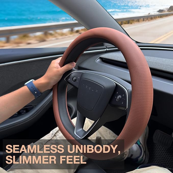 PINCTROT Nappa Leather Steering Wheel Cover for Tesla Model Y/3 Highland/Juniper, D Shaped 14 Inch Small Sized with Breathabl