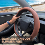 PINCTROT Nappa Leather Steering Wheel Cover for Tesla Model Y/3 Highland/Juniper, D Shaped 14 Inch Small Sized with Breathabl