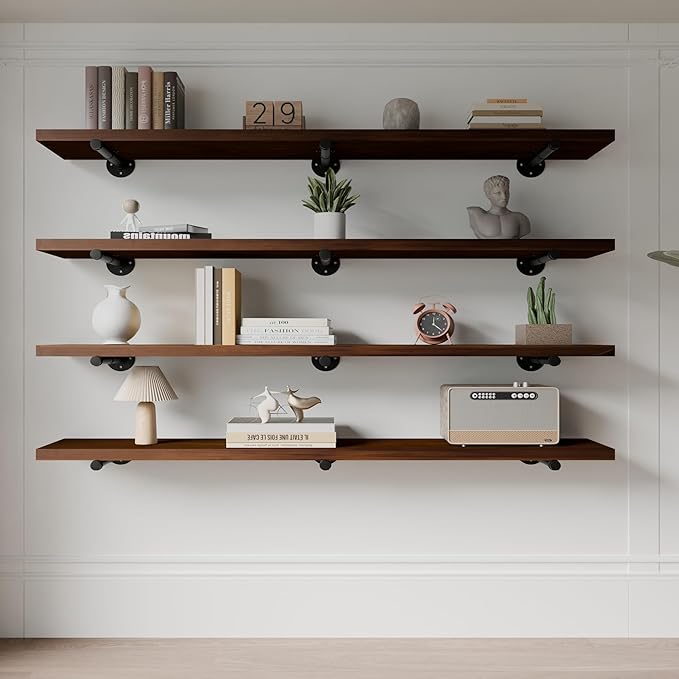 Industrial Pipe Wall Wood Shelves,Real Wooden Shelves 60" in Walnut Color with 11.8" Extra Width, Modern Floating Shevles Boo