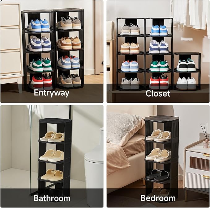 Vertical Shoe Rack, 6-Tier Plastic Stackable Storage Shelf for Small Closets and Narrow Spaces, Compact Free Standing Shoe Ra