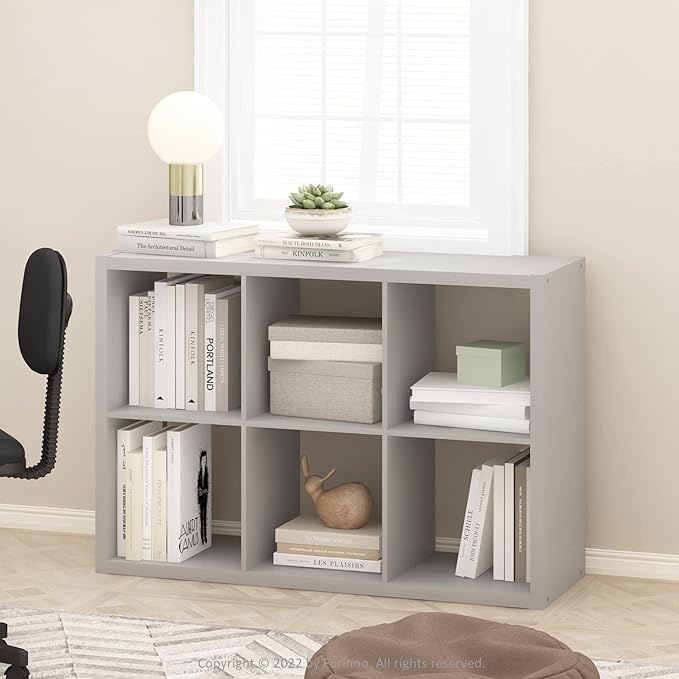 Furinno CUBICLE Book Shelf, 6-Cube Bookshelf, Extra Thick Frame Horizontally & Vertically Reversible Bookcase with Open Back,