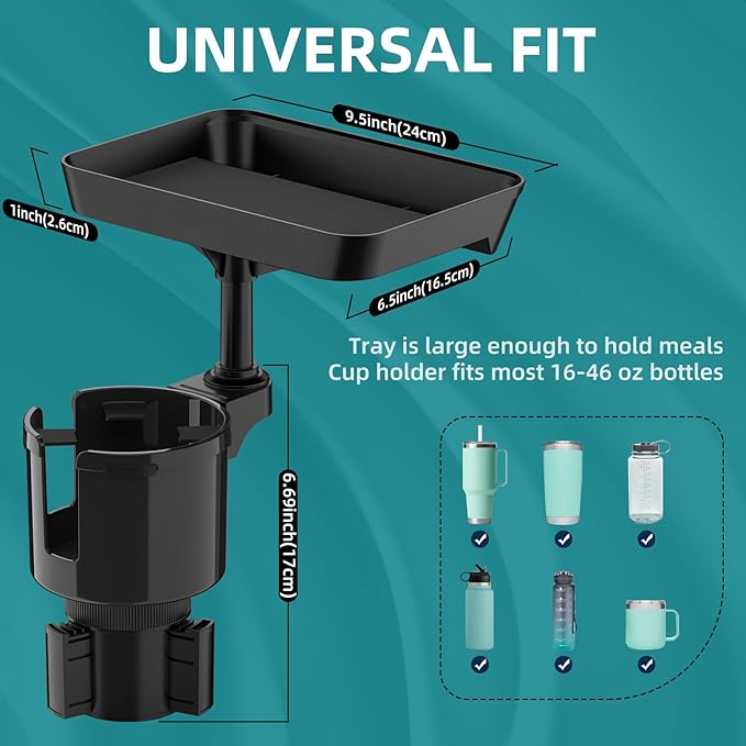 TYKOR Car Cup Holder Tray, Cup Holder Expander Adapter for Car, 9.5” Car Food Tray Table for Eating, Car Essentials Fits Yeti