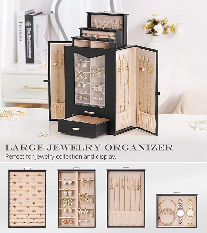 Homde Jewelry Organizer with Transparent Window Necklace Hooks Gift for Women Jewelry Box Display Case for Necklaces Rings Ea