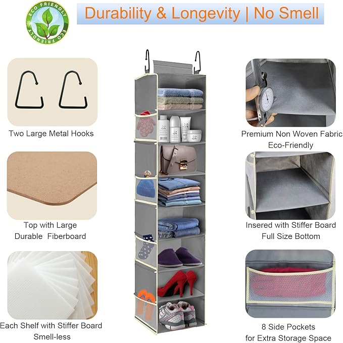 2 Pack Large-Sized Hanging Shoe Organizer 8-Shelf, Hanging Closet Organizer with 8 Side Pockets, Wider Hanging Shelves for St