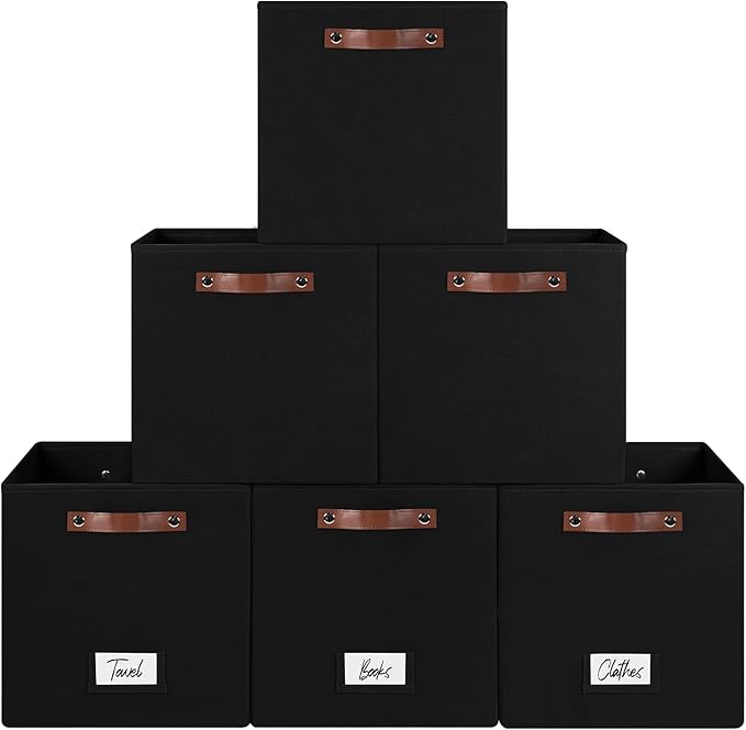FinishingBo 6-Pack Storage Cubes with Handles & Label Holders Basket, Closet Cube Home Organizer Bins(Black, 13 x 13 x 13 inc