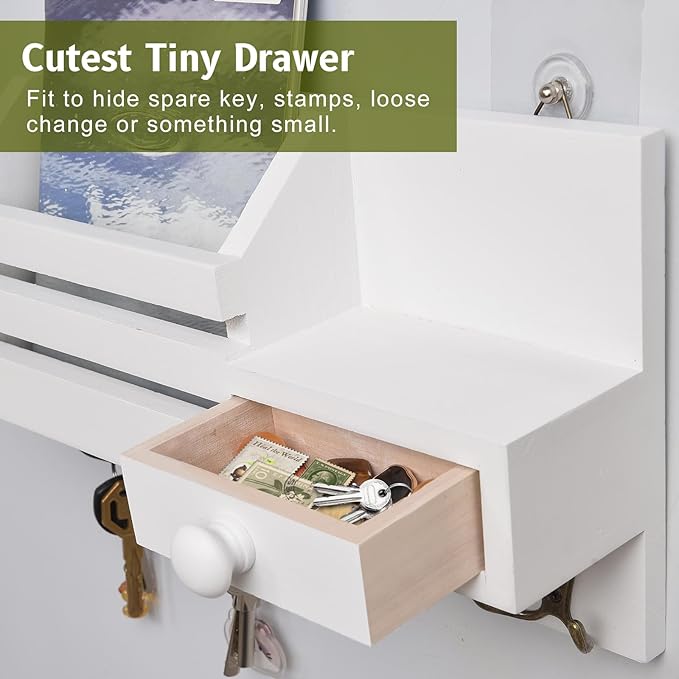 Key Holder Wall Mount, Wooden Adhesive Mail and Key Organizer with Drawer, Small Shelf, 8 Hooks, 2 Installation Methods, Whit
