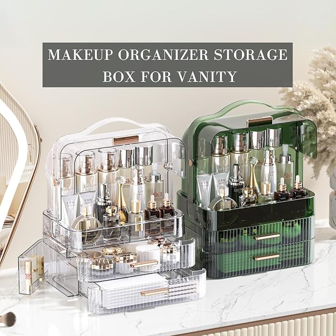 LINFIDITE Cosmetics Storage Box Transparent Lid Large Makeup Organizer Box Drawers Portable Handle Waterproof Dustproof Skinc