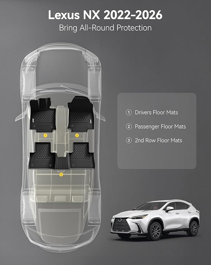 3W Floor Mats Fit 2022-2024 2025 2026 Lexus NX/NX250/NX350 (Not for Hybrid), TPE All Weather Custom Fit Floor Liner for Lexus NX, 1st & 2nd Row Car Mats, Black