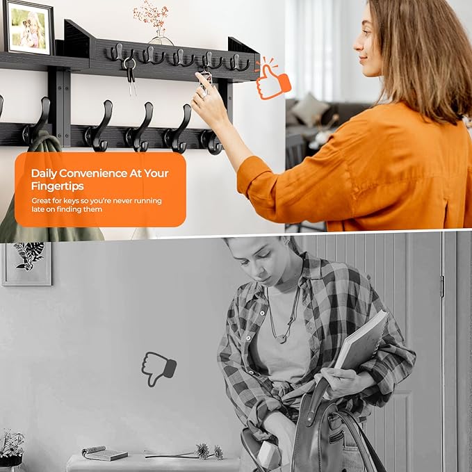 Evermagin 35" Coat Rack Wall Mount with Shelf, 4 in 1 Coat and Key Hanger with 13 Metal Hooks, Entryway Wall Mounted Shelf wi