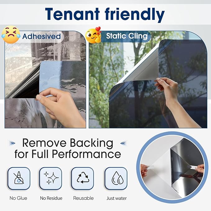 Coavas One Way Privacy Window Film, Heat Control Window Tint for Home, Sun Blocking Reflective Window Film See Out Not in, Anti UV Static Cling for Windows Office Door (Black, 29.5 Inch X 6.5 Feet)