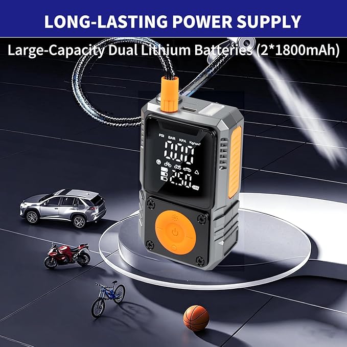Portable Tire Inflator, 150PSI Cordless Air Pump for Fast Inflation, for Car Tires, Bike Tires, Motorcycles, and Balls, Featuring Pressure Gauge and LED Indicator